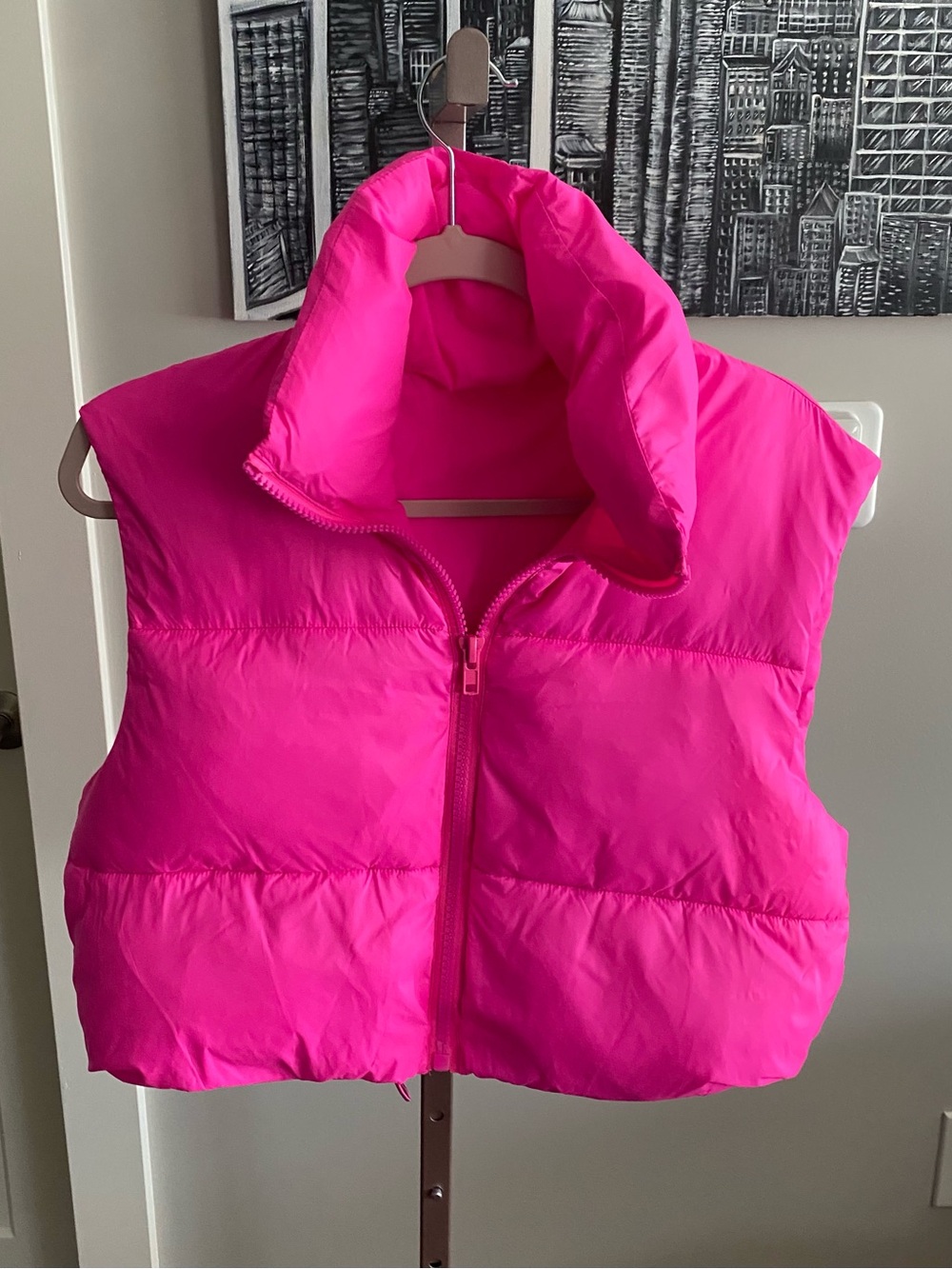 Juniors Hot Pink Puffer Cropped Vest Zip Front Small